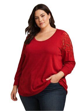 Lane Bryant Womens Plus Red Sweater Crochet Lace Sleeves Size 26/28 Work classic